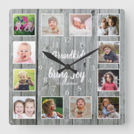 Barnbarn offert 12 Fotokollage Rustic Grått Wood Fyrkantig Klocka