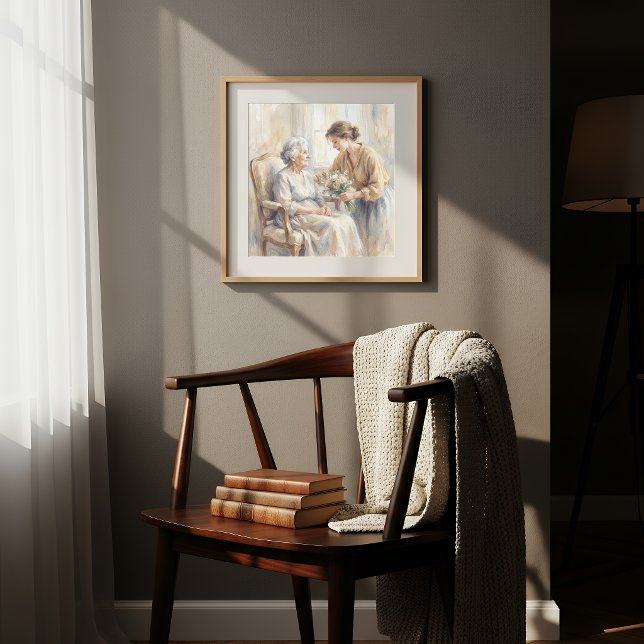 Barnbarn som ger blommor till mormor-målning poster (Skapare uppladdad)