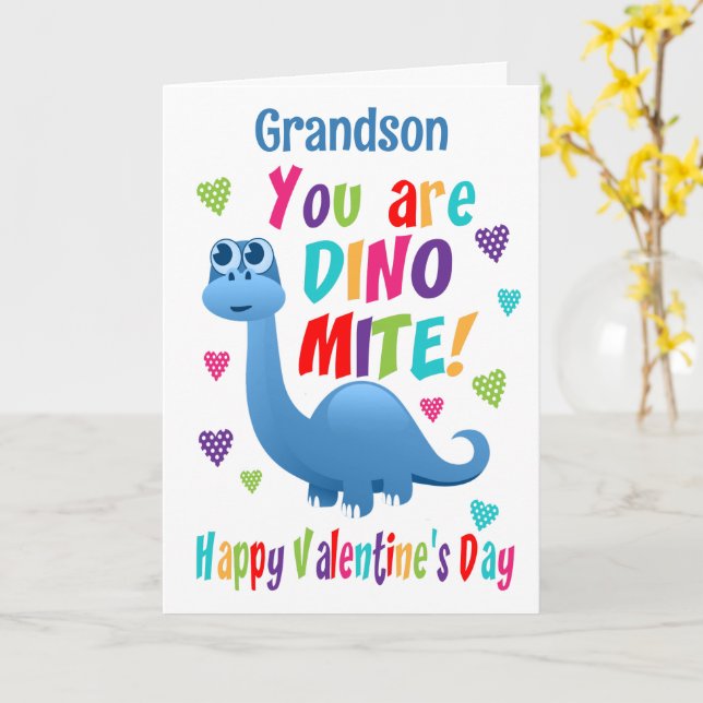 Barnbarns Alla hjärtans dag dinosaurie Kort (Gul blomma)