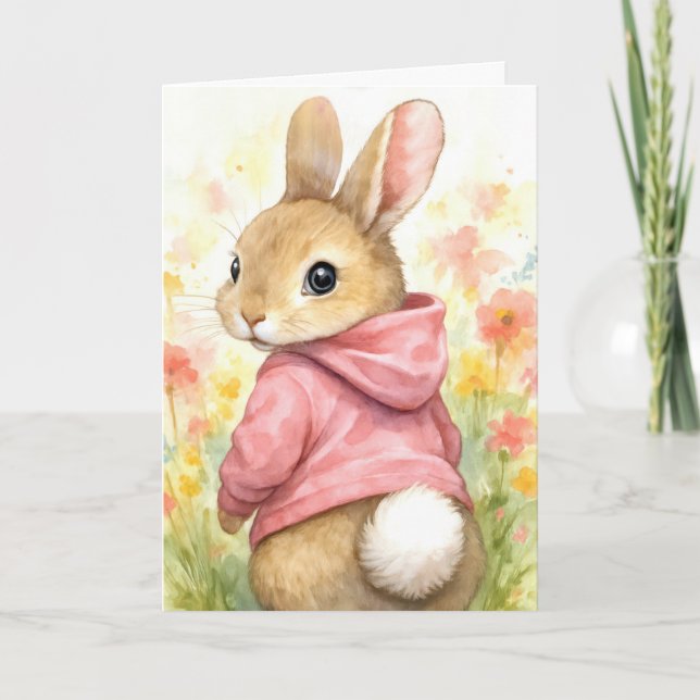 Barnbarns påskharen i rosa hoodie  kort (Framsida)