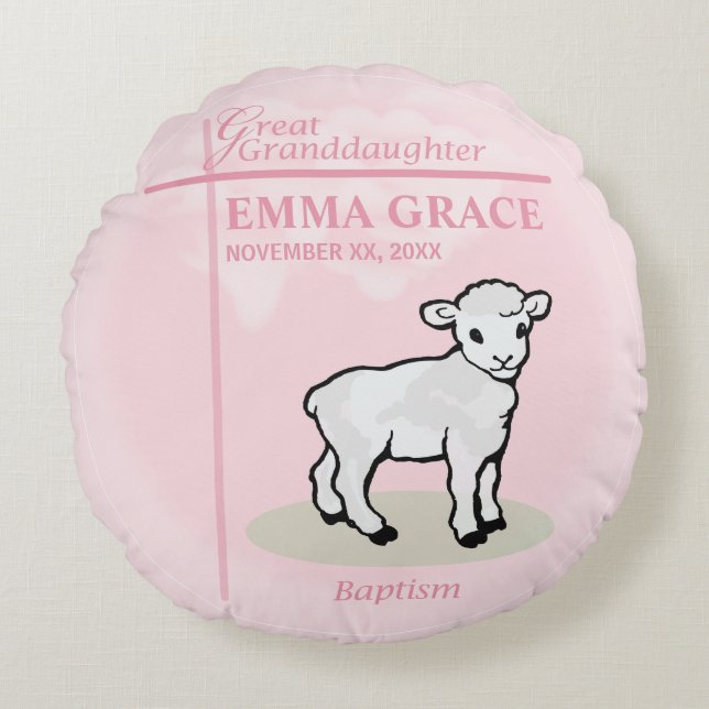 Barnbarnsdotter Dop Rosa Flicka Lamm Rund Kudde (Framsidan)