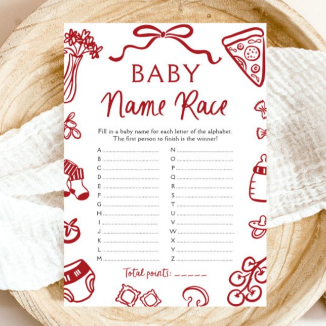 Barnbilsspel för barn i hand plockade, italienska  inbjudningar (Hand Drawn Italian Baby Name Race Baby Shower Game)