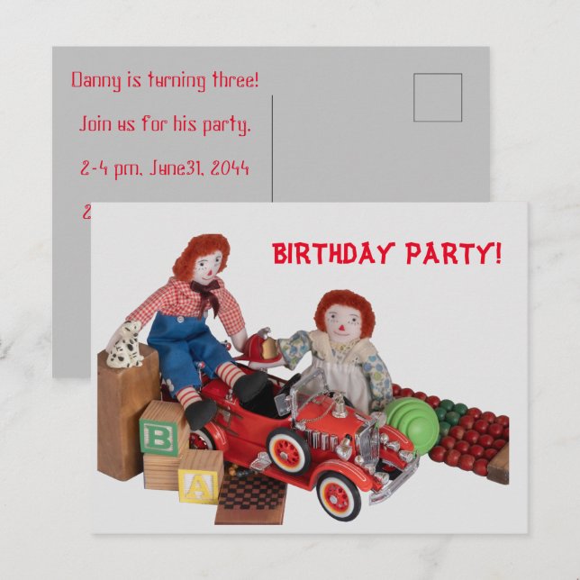 Barnbrandmotor Raggedy Ann Andy Födelsedagsfest Inbjudan Vykort (Fram/baksida)
