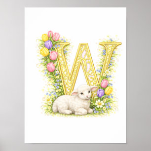 Barnbrev W Baby Lamm Initial Guld Blommig Poster