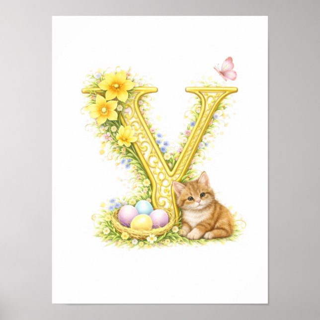 Barnbrev Y Baby Kattunge Initial Guld Blommig Poster (Framsidan)
