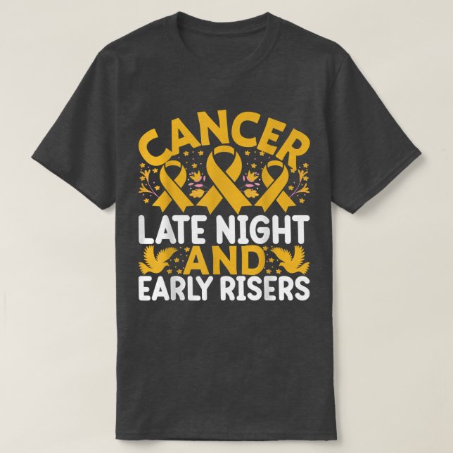 Barncancer Sent natt och Tidigt Rises Yello T Shirt (Design framsida)