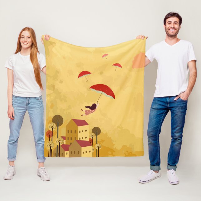 Barndomsdrömmar Bakgrund för Umbrella Girl Fleecefilt (På plats)