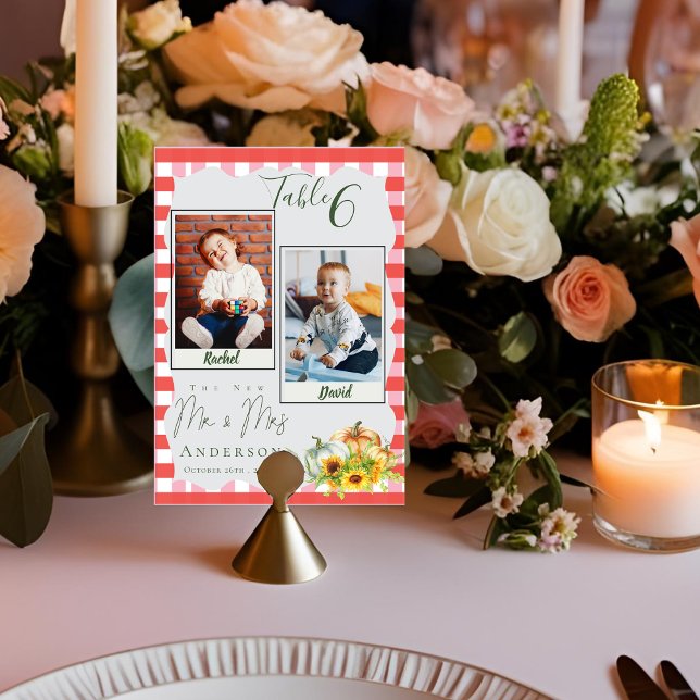Barndomsfoton av Bride & Groom Pumpkin Bröllop Bordsnummer (Childhood Photos Of Bride & Groom Pumpkin Wedding Table Number)