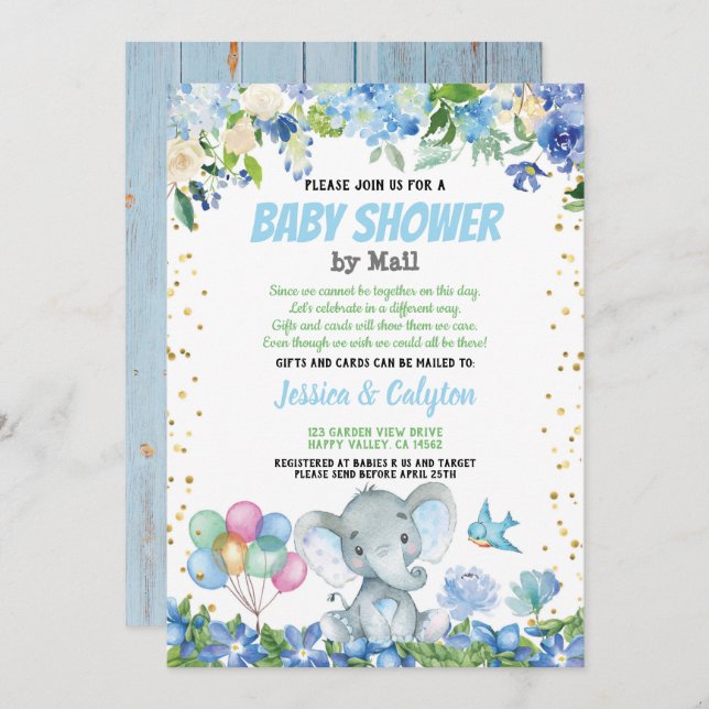 Barndusch av barn med e-post, blå blommigt inbjudningar (Fram/baksida)