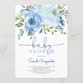 Barndusch, blå vattenfärgspojke, blommigt inbjudningar