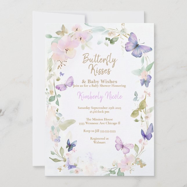 Barndusch för Lila Butterflies i baby Inbjudningar (Framsida)
