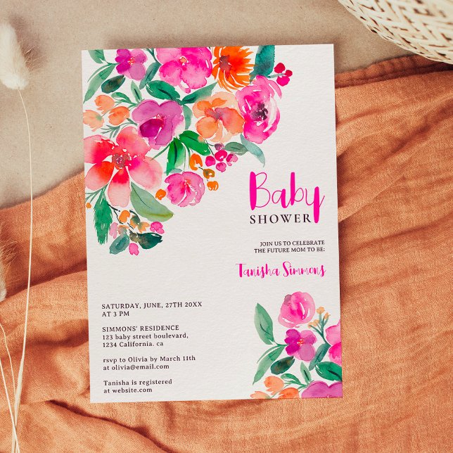 Barndusch i blommigten för Bright shock rosa fall Inbjudningar (Bright hot pink fall floral script baby shower invitation)