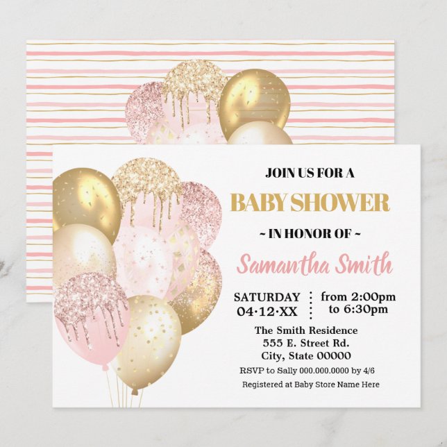 Barndusch i Guld glitter rosa Ballons Inbjudningar (Fram/baksida)