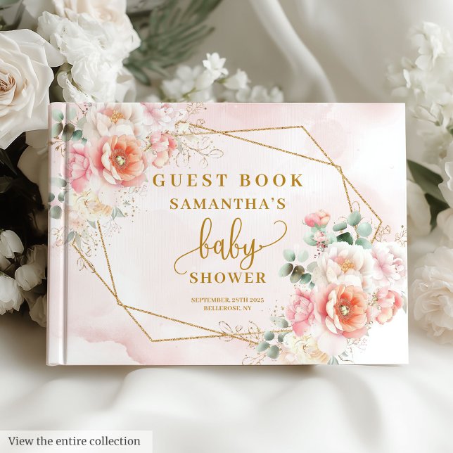 Barndusch  rosa och gäst i blommigten guld i bok (Baby shower blush pink and gold floral guest book)