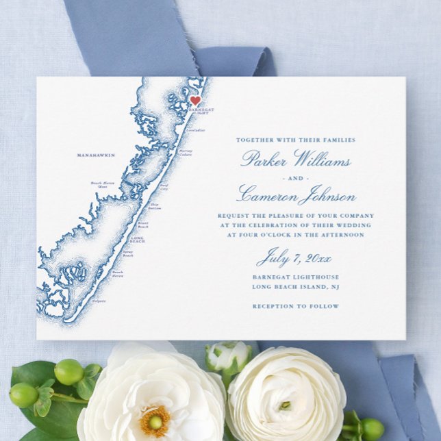 Barnegat Light NJ-karta Elegant Marinblå Bröllop Inbjudningar (Barnegat Light NJ Map Long Beach Island Wedding Invitation in elegant navy blue, Coastal Map Designs)