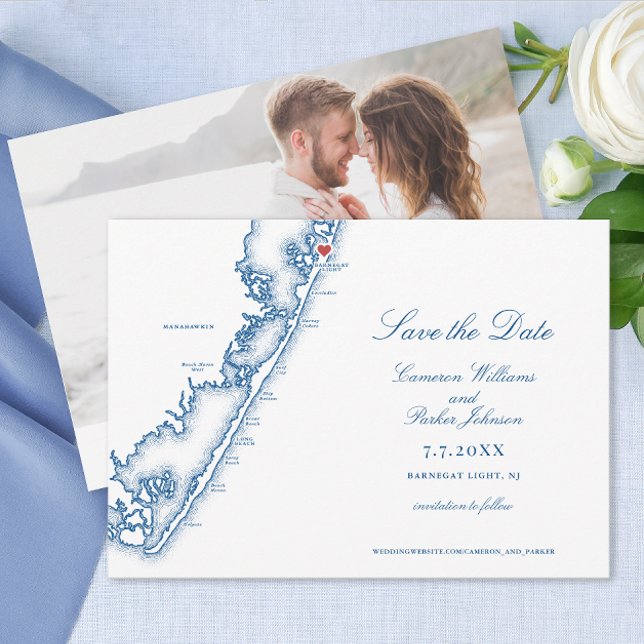 Barnegat Light NJ Karta Elegant Marinblå Bröllop Spara Datumet (Barnegat Light New Jersey LBI Map Wedding Save the Date in Elegant Navy Blue by Coastal Map Designs)