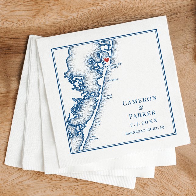 Barnegat Light NJ Karta Navy Elegant Bröllop Pappersservett (Barnegat Light NJ Wedding Napkins Long Beach Island Jersey Shore Map by Coastal Map Designs)