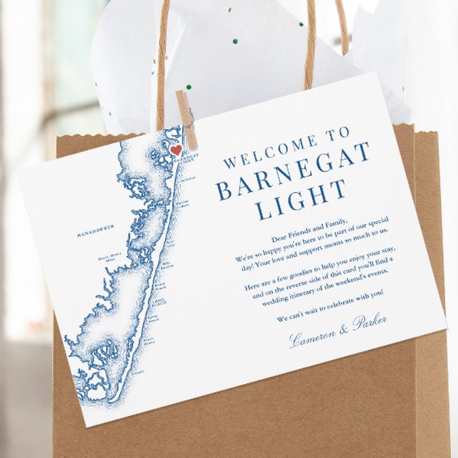 Barnegat Light NJ Navy Bröllops Välkomst Itinerary Tack Kort (Barnegat Light NJ Map Wedding Welcome Letter Schedule Itinerary in Elegant Navy Blue by Coastal Map )