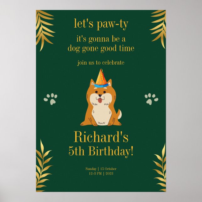 Barnen Golden Grönt Puppy Hund Birthday Poster (Framsidan)