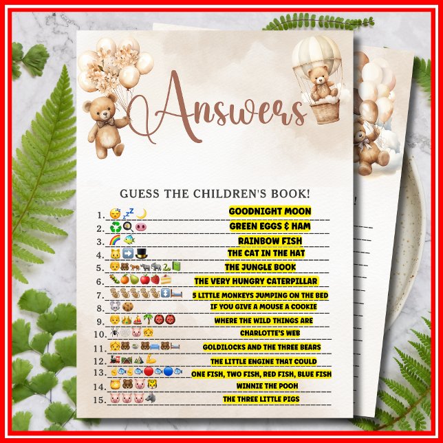BARNENS BOK EMOJI-GAME Baby Shower Game Bear Inbjudningar (Skapare uppladdad)