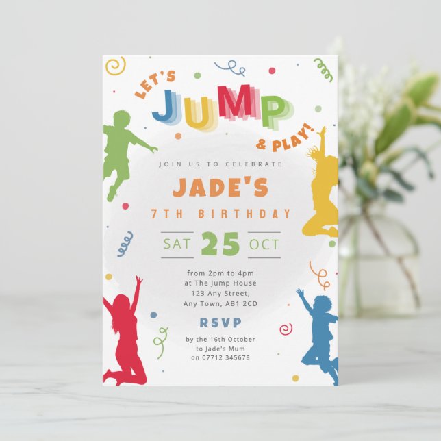 Barnens hoppfest födelsedagsinbjudan trampolin tem inbjudningar (Stående Fram)