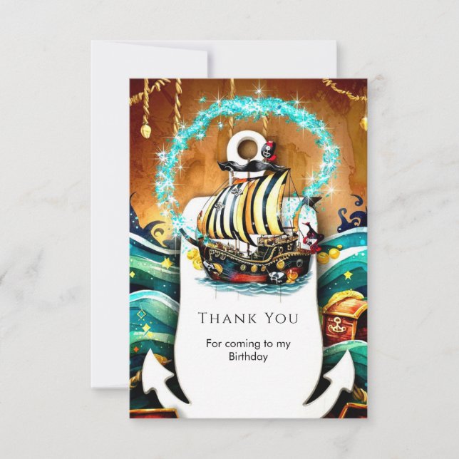Barnens Pastellskeppsäventyr Piratfödelsedag Tack Kort (Framsida)