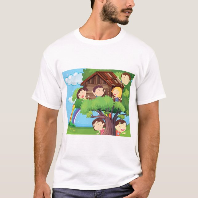 Barnens trädkoja med regnbåge och glada barn t shirt (Framsida)