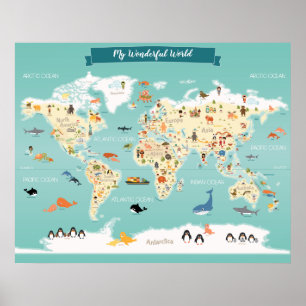 Barnens världskarta med illustrationer poster