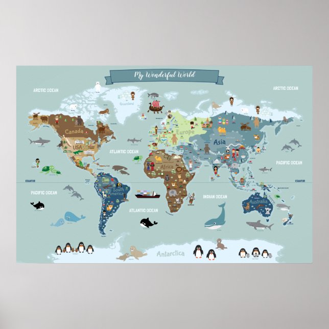 Barnens världskarta med söta illustrationer poster (Framsidan)
