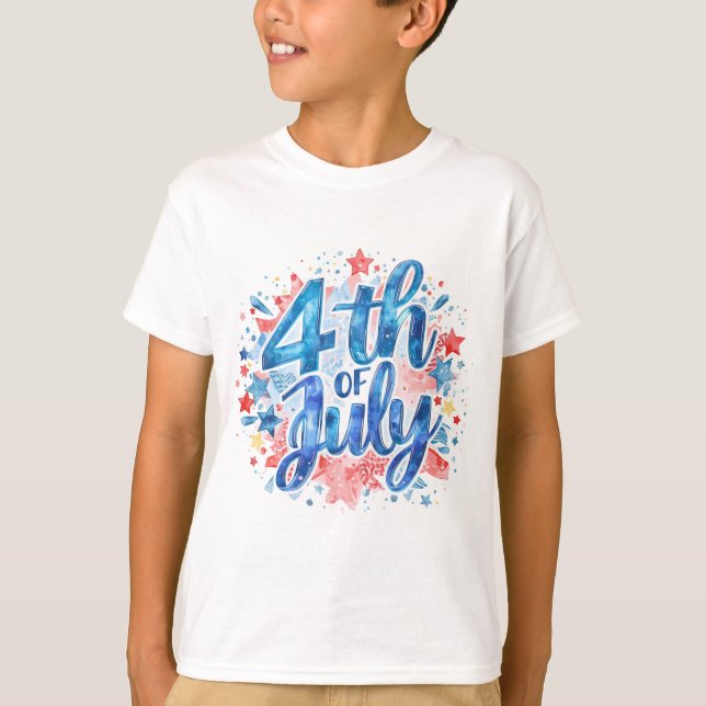 Barnens Watercolor 4 juli Patriotisk T-Shirt (Framsida)