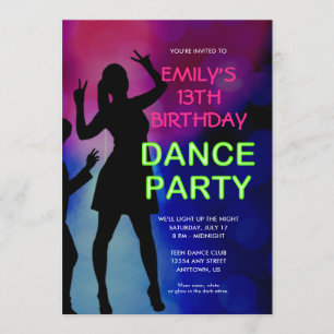 Barnets 13:e födelsedag Neon Dance Party-inbjudan Inbjudningar