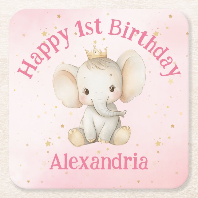 Barnets 1-årsdag personlig prinsesselefant underlägg papper kvadrat (Framsidan)