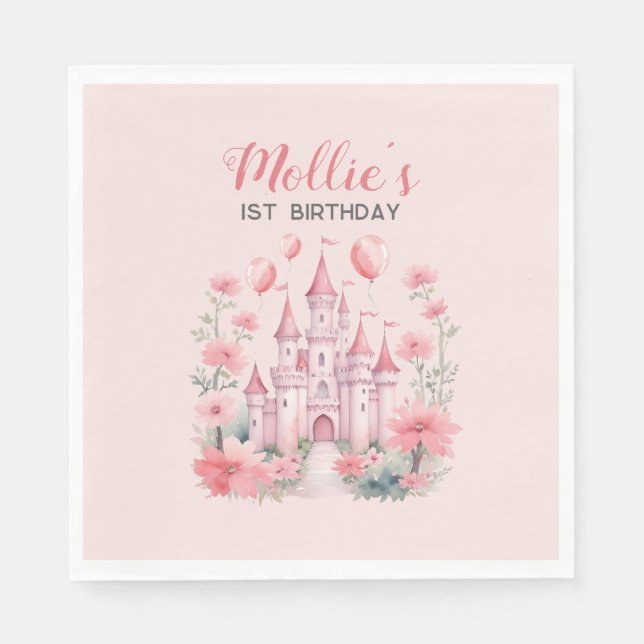 Barnets 1-årsdag Rosa Slott Prinsessa Pappersservett (Framsidan)
