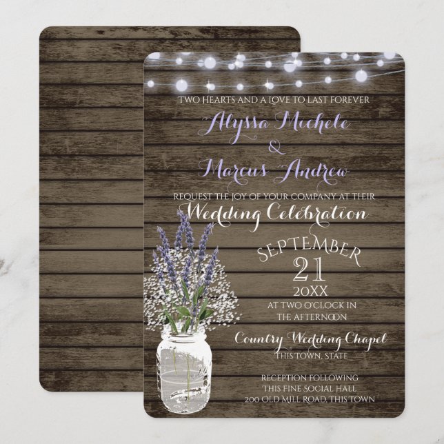 Barnets andedräkt och lavender Rustic Bröllop Inbjudningar (Fram/baksida)