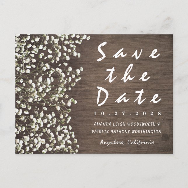 Barnets andningsbarn Wood Save Date Card Meddelande Vykort (Framsida)