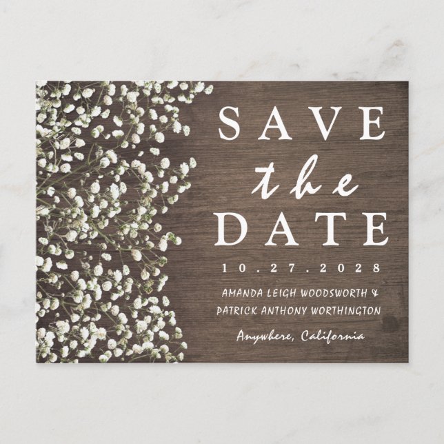 Barnets andningsbarn Wood Save Date Card Meddelande Vykort (Framsida)