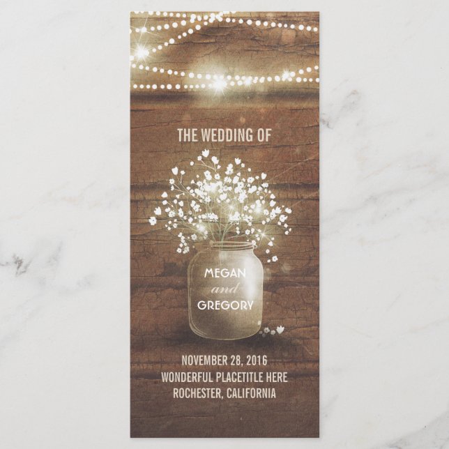 Barnets andningsmynning Burk Rustic Bröllopsprogra Program (Framsida)