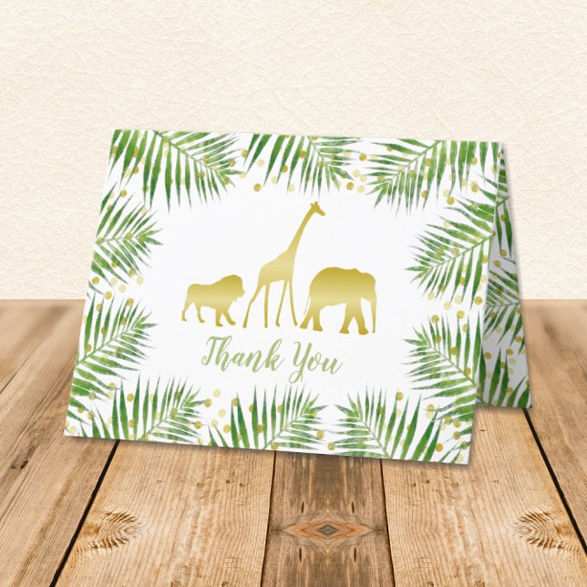 Barnets babyskor i Guld Safari Tack för ditt kort (Tropical Safari Animals gold and green with palm branches Folded Thank You Card)