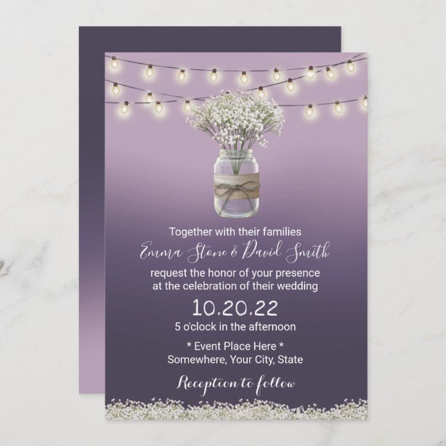 Barnets Blommigt Lila Ombre Rustic Bröllop Inbjudningar (Fram/baksida)