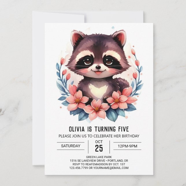 Barnets digitala Raccoon Girl Birthday Inbjudningar (Framsida)
