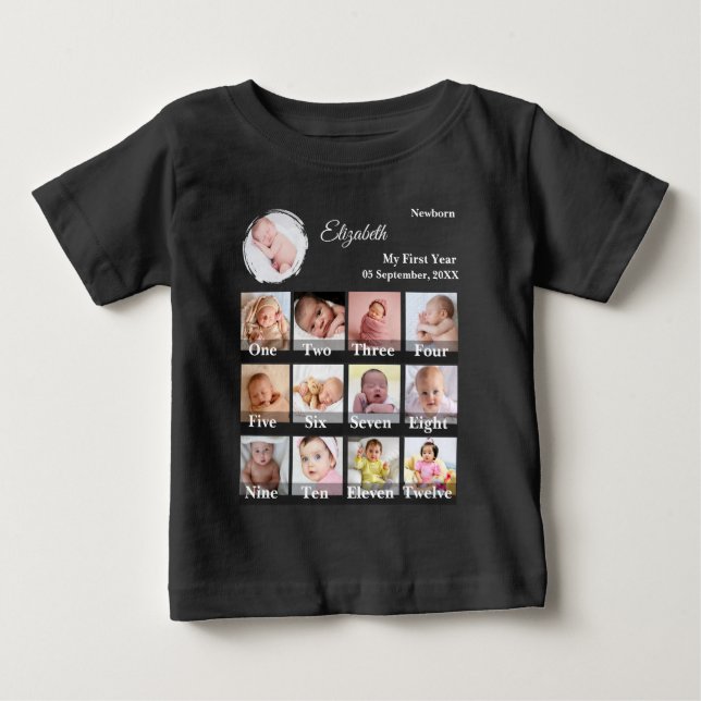 Barnets första år 12 månaders fotokollage  milstol t shirt (Framsida)