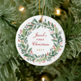 Barnets första jul akvarellkrans julgransprydnad keramik