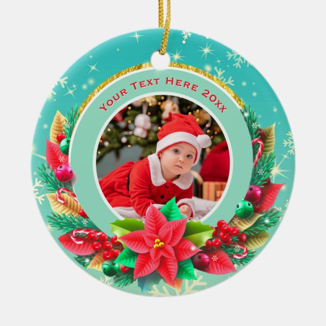 Barnets första jul anpassat namn foto minnessaker julgransprydnad keramik (Framsidan)