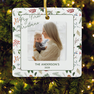 Barnets första jul Botanisk familjefoto Julgransprydnad Keramik