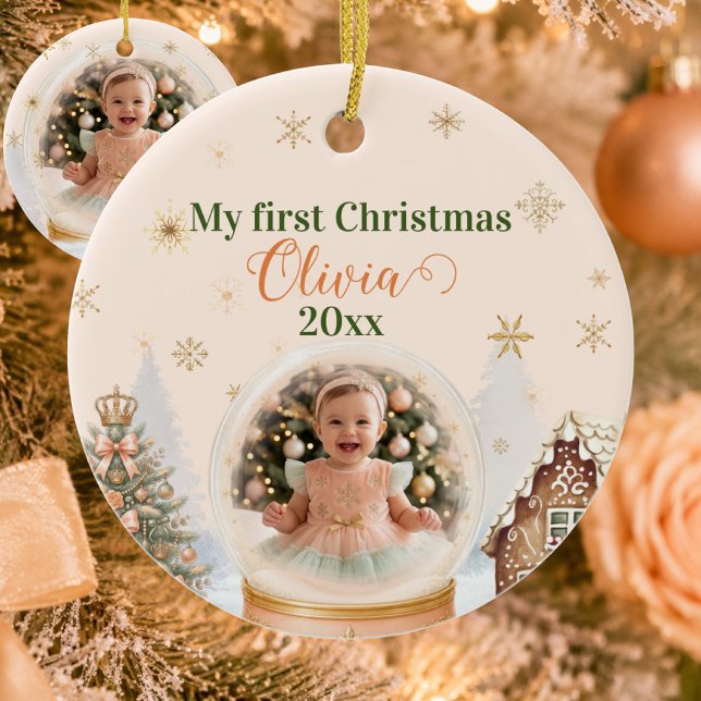  Barnets första jul fotopersonlig  Julgransprydnad Keramik (Nutcracker First Christmas Photo Snow Globe Ceramic Ornament - Front)