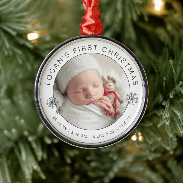Barnets första julfoto med födelseuppgifter julgransprydnad metall (Träd)