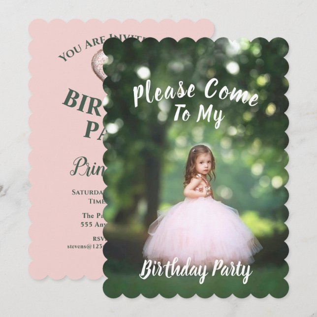 Barnets Foto Födelsedagsfest Inbjudan - Rosa (Fram/baksida)