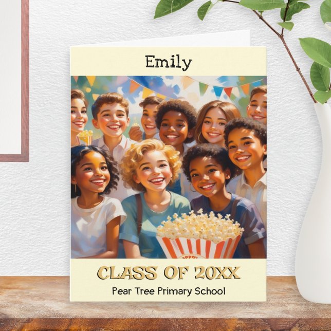 Barnets grundskola avgångsklass  kort (A card for a child leaving primary or elementary school, with name, class, school and year)