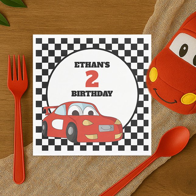 Barnets röda racerbil 2-års födelsedagsfest pappersservett (Red race car little boy's 2nd birthday party paper napkins)