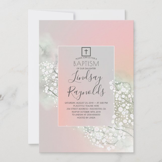 Barnets  Rosa Blommigt Flickor Baptism Inbjudningar (Framsida)